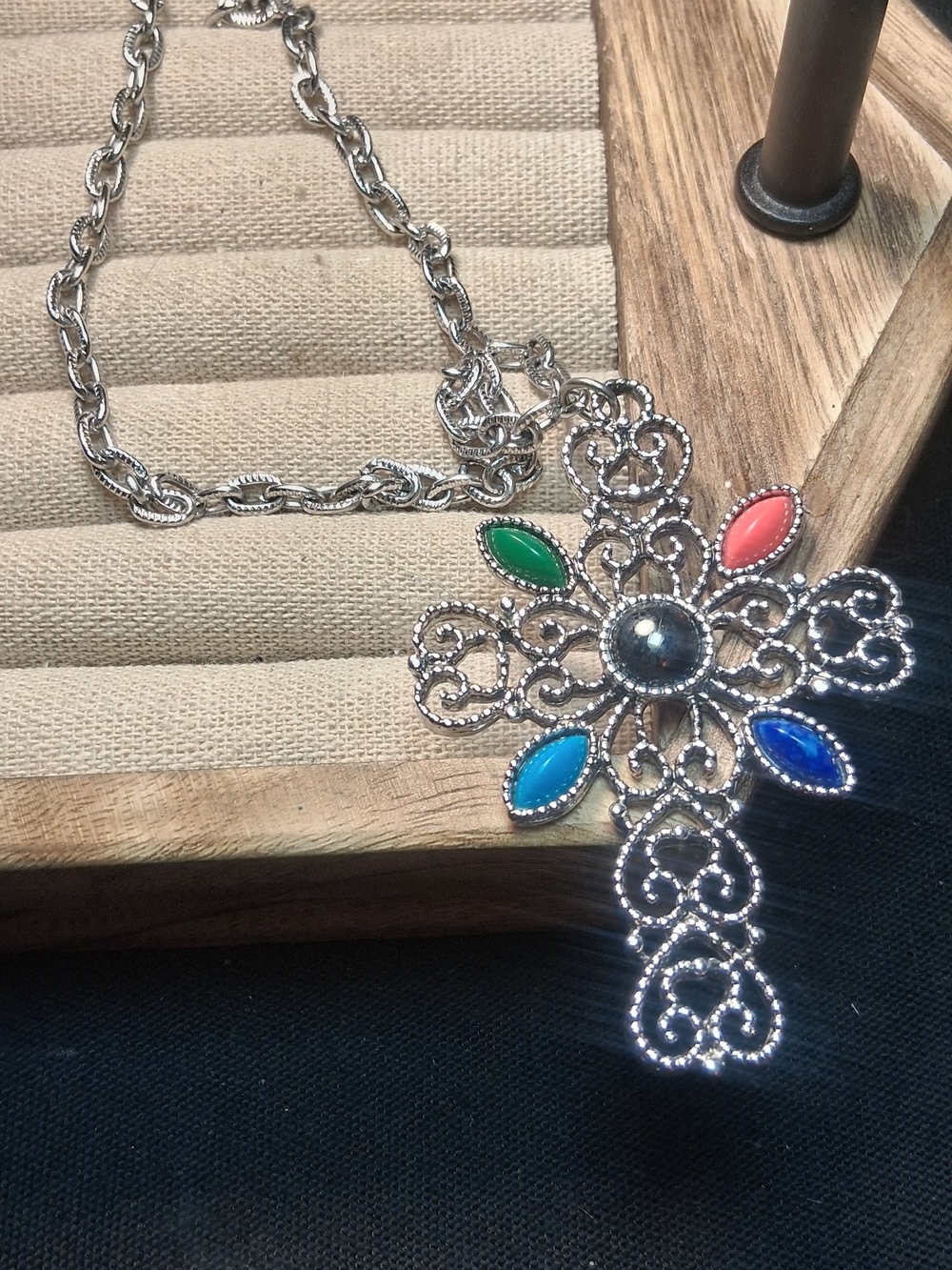 Multicolor Stone Filigree Cross Necklace - Women Jewelry 18"